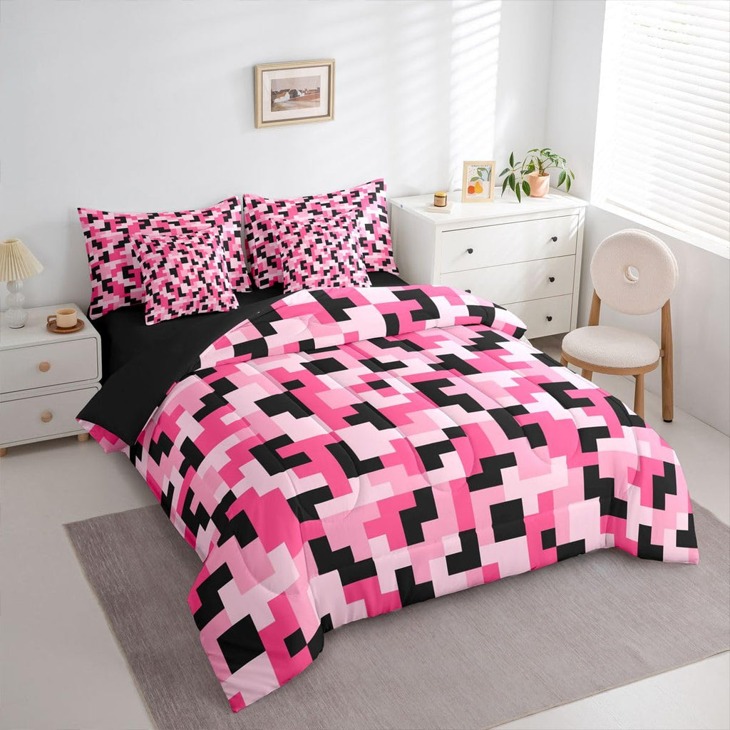 Pink Pixcel 7 Pcs Comforter Set, Block Building Bed in a Bag with Fitted Sheet & Pillowcases, Soft