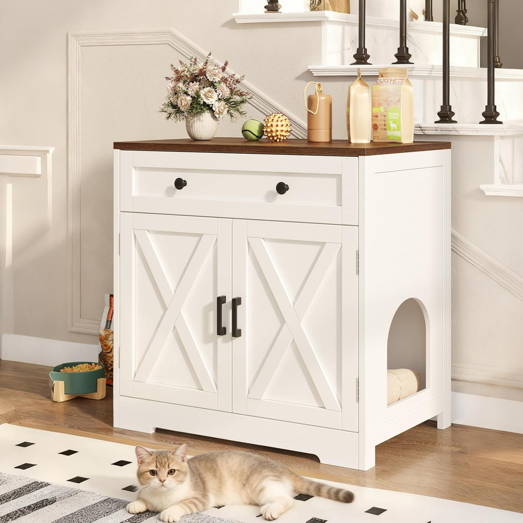 Cat Litter Box Enclosure with Storage Drawers, White