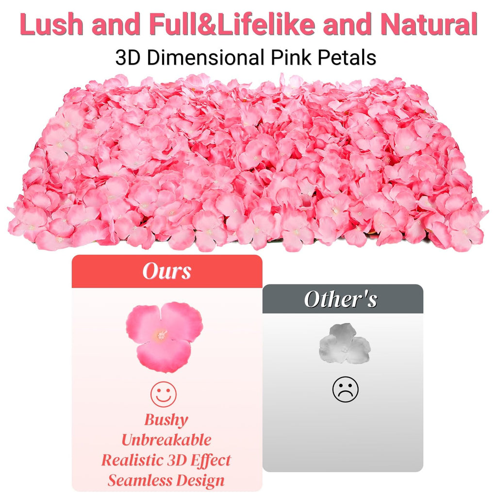 4 Pack 24"x16" Flower Wall Panel Set, Artificial Flower Backdrop, 3D Silk Pink Hydrangea Floral, Wall Decorative Faux