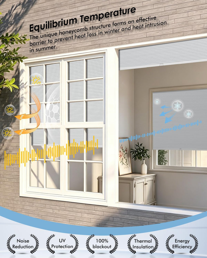 No Drill Cellular Shades, Trim-to-Fit Blackout Cordless Honeycomb Blinds | Easy Install Window Shades, Thermal