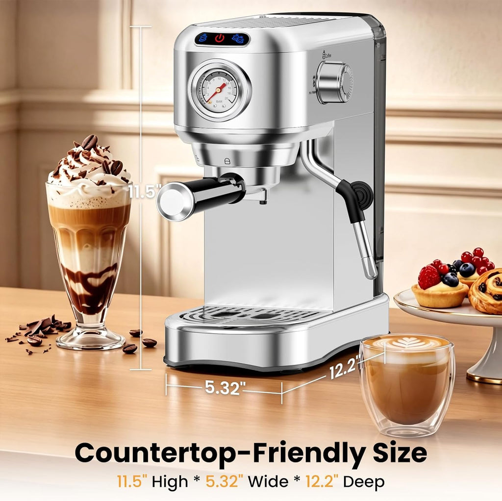 Espresso Machine 20 Bar, Compact Espresso Coffee Machine with Milk Frother, Stainless Steel Coffee Maker with 34oz