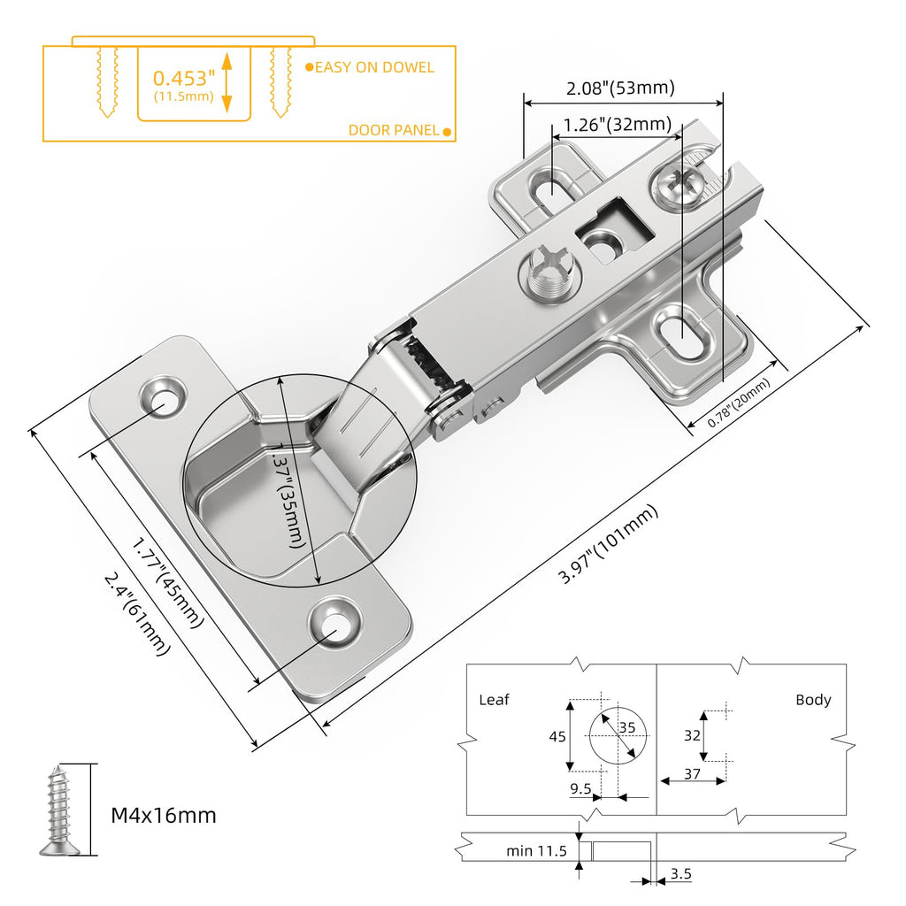 10 Pack Full Overlay Cabinet Hinges, Frameless, 105°, Self Closing
