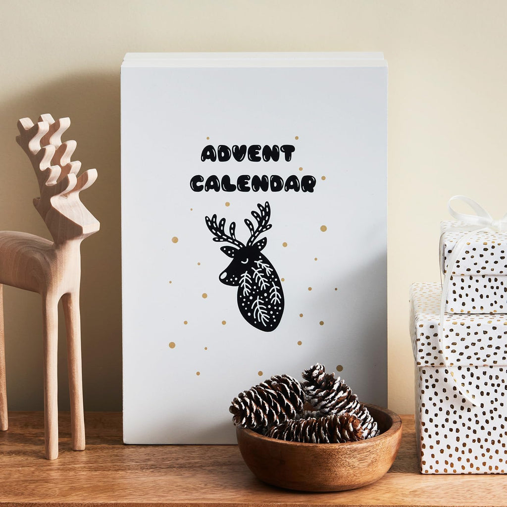 Wooden Advent Calendar with Drawers & Lights, 12 Inch White