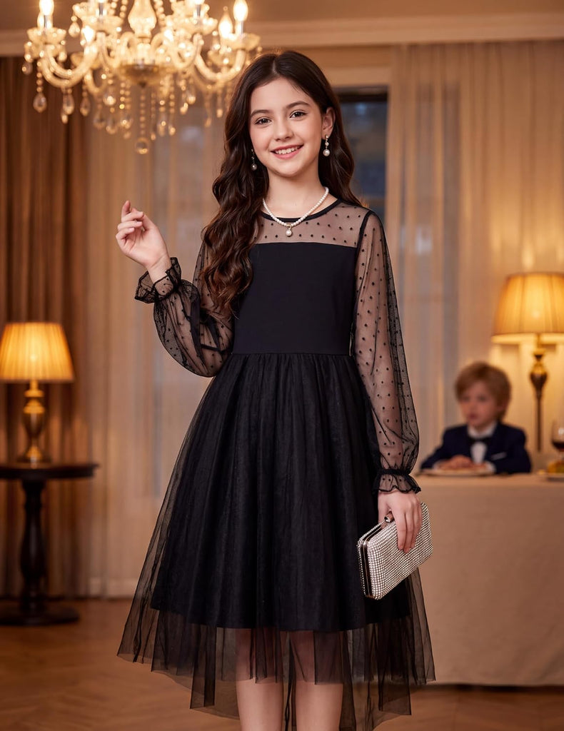 Girls Dresses Mesh Long Sleeve High Low Birthday Party Dress