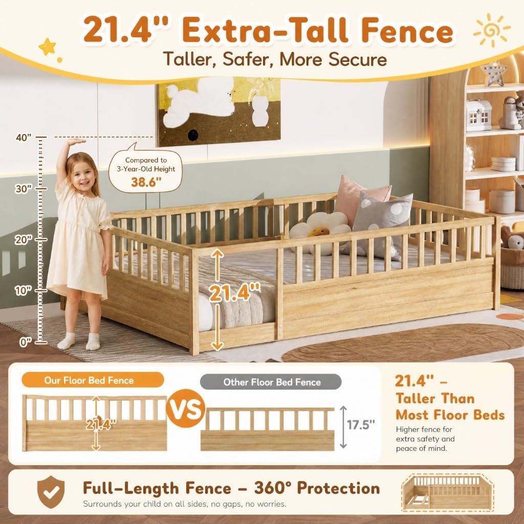 Floor Bed Frame with 21.4" High Fence, Solid Wood Montessori Floor Bed for Kids, Low to Ground
