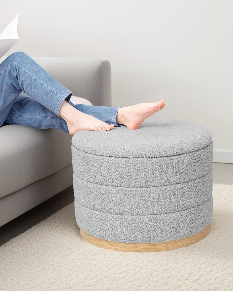 Folding Storage Ottoman, Silver Grey Chenille Round