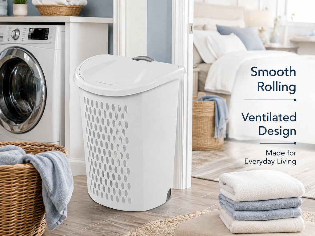 Rolling Laundry Hamper with Lid,White Wheeled Plastic Laundry Hamper