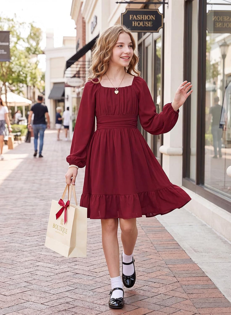 Girls Long Sleeve Tie Back Dress Fall Casual A-Line Ruffle