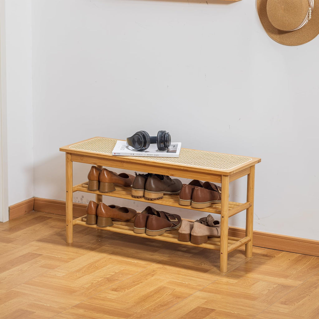 Bamboo Entryway Bench with Woven Rattan Seat, 2-Tier Shoe Storage Bench 31.5 inches Nature
