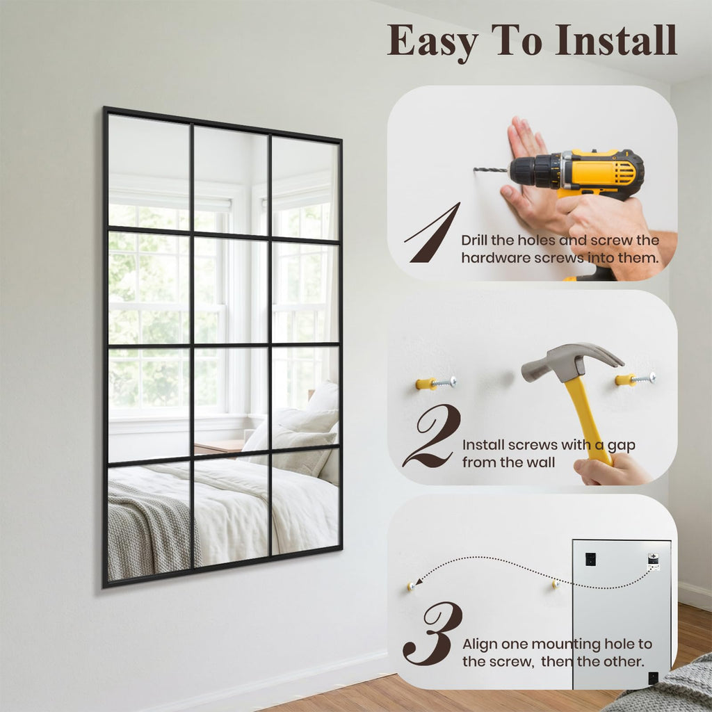 Windowpane Wall Mirror 30"x40" Black Wall Mounted Art Pane Mirror Farmhouse Decorative Mirror Leaning Hanging Wall