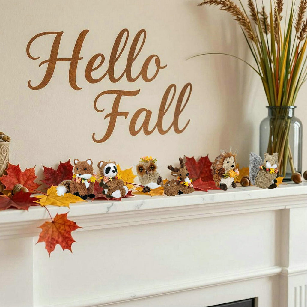 Set of 6 Sisal Woodland Animals w/Floral for Fall Home Decor