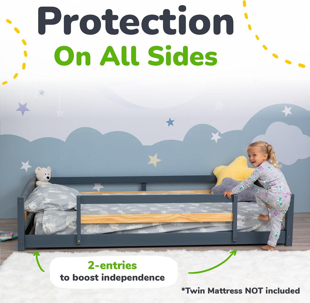 Twin Floor Bed with Safety Guardrails for Kids, Montessori Inspired with Rails and 2 Openings, Twin Size Bed Frame