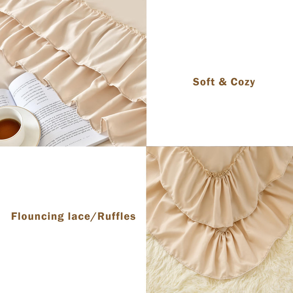 Beige Comforter Set, 3Pcs Comforters Ruffle Farmhouse Bedding Sets with Comforter, Lightweight Soft