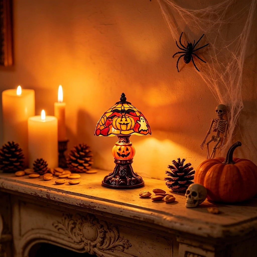 Halloween Handcrafted Ghost Stained Glass Night Light - Gothic Resin Bat & Pumpkin Glow Lamp, Retro Decorative Table