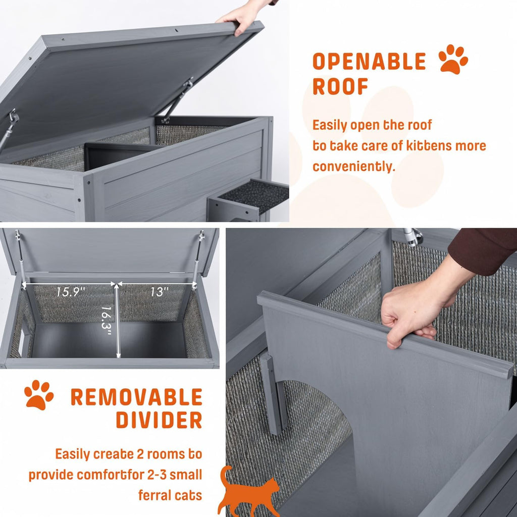 Large Dual Insulated Outdoor Cat House Weatherproof, Grey