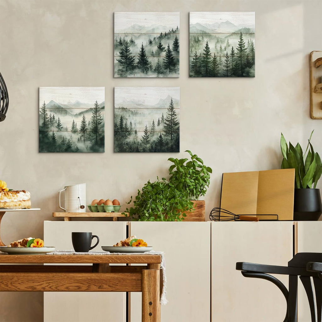 Green Forest Wall Art Nature Foggy Mountains Landscape Pictures Misty Forest Bathroom Decor Pine Tree Wall Art