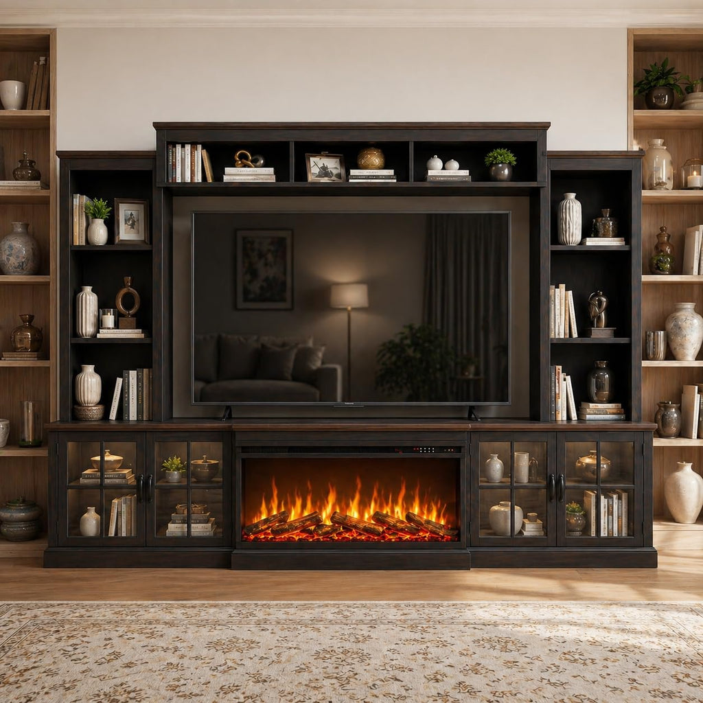 Black Farmhouse TV Stand with Fireplace, Entertainment Center, 98" Wall Unit Media Console with Bookshelf, Cabinet &