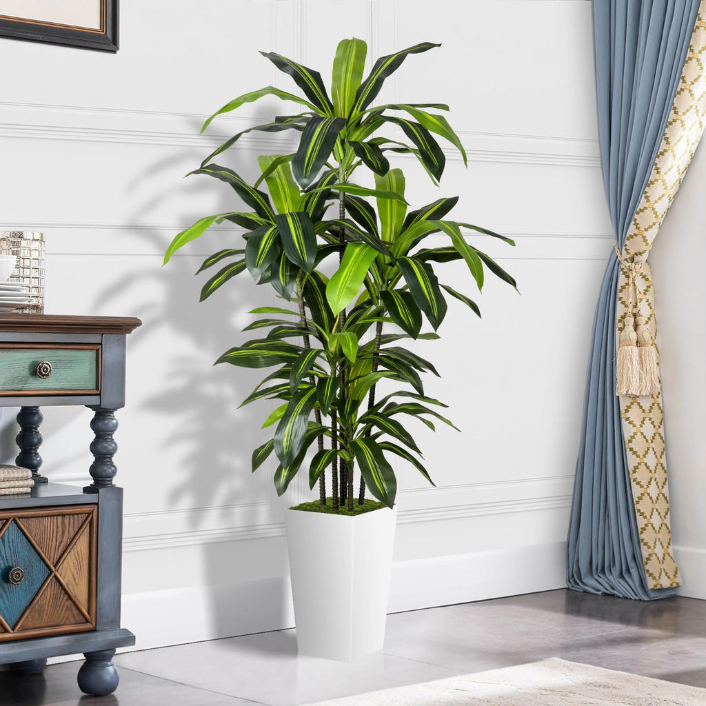 Artificial Plant 6FT Dracaena Tree with White Tall Planter