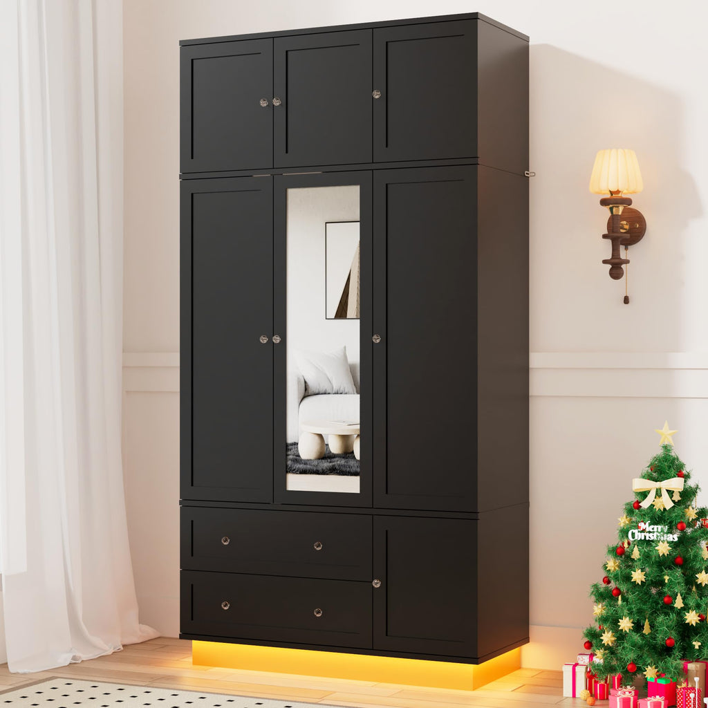 92.2" Tall Armoire Wardrobe Closet with Mirror & Motion Sensor Light, Large Storage Cabinet with 2 Drawers, Hanging