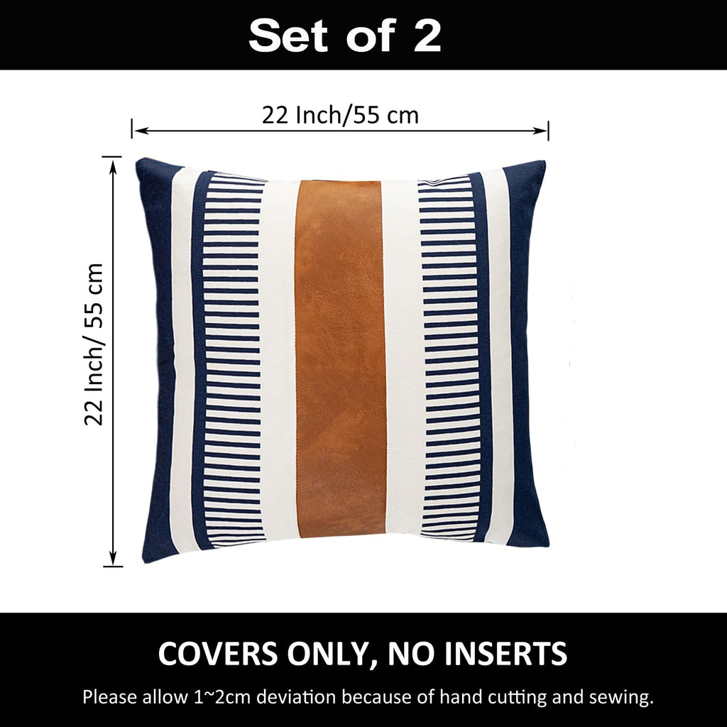 Set of 2 Navy Blue and White Boho Throw Pillow Cover, Faux Leather Modern Couch Pillow Covers 22x22 inch Farmhouse