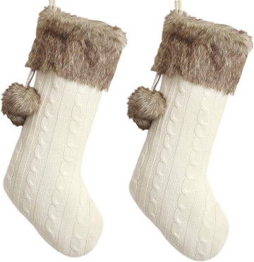 Set of Two Ivory Cable Knitted Body, Faux Fur Cuff with Faux Fur Fluffy Pompom Ball , Xmas Tree Decoration - 10inx18in