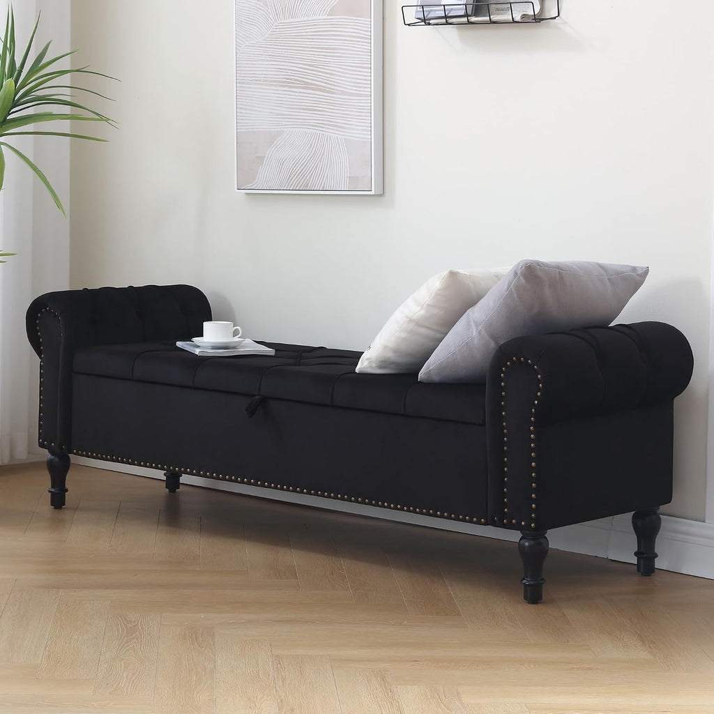 Storage Bed Bench , 67 Inches End of Bed Bench, Velvet King Size Bench with Arms, Tufted Button Storage Ottoman