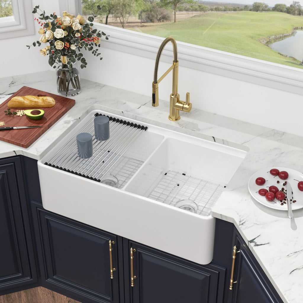 33 White Farmhouse Sink Double Bowl Fireclay Apron Front Farm Sink