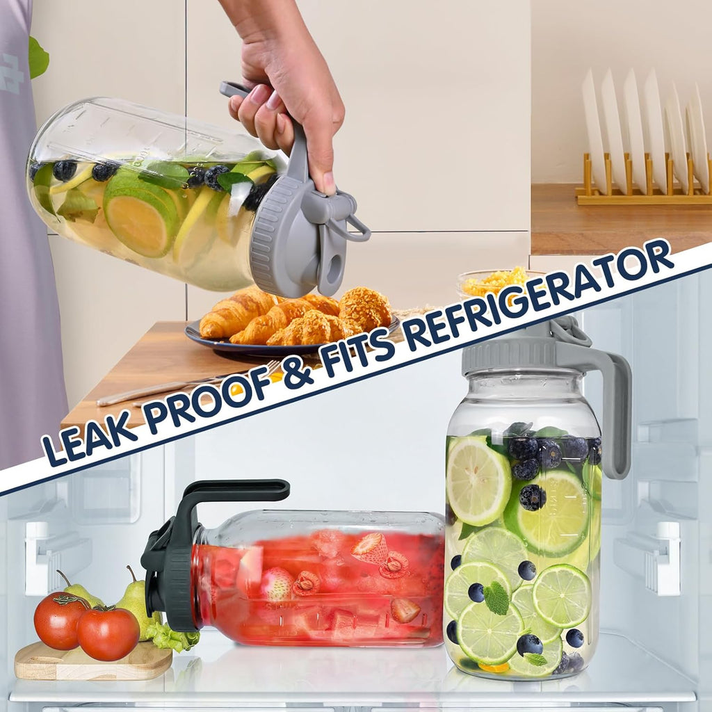 Glass Pitchers with Lid, Set of 2, 64OZ Leak-Proof Airtight Mason Jars, Wide Mouth Water Jugs for Cold Brew Coffee