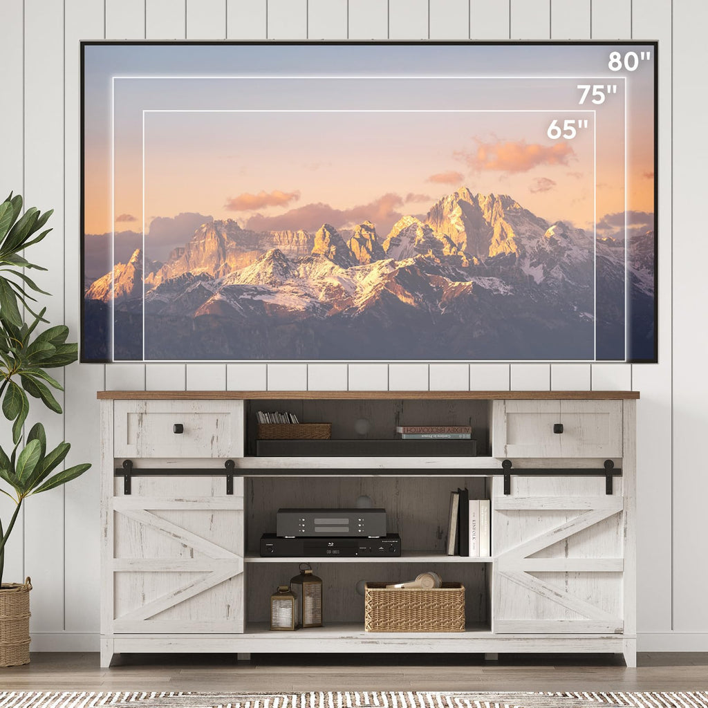 Farmhouse TV Stand for up to 75" TV, Entertainment Center with Adjustable Shelves, Sliding Barn Door and Open Storage