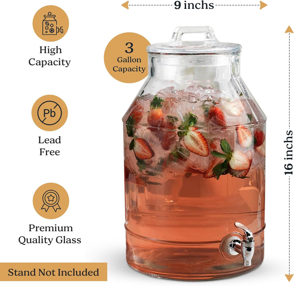 3 Gallon For Parties,Classic Mason Jug Beverage Dispensers With Glass Lid With Handle And 100% Leakproof Spigot.Glass
