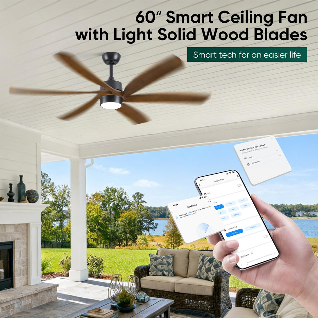 60Inch Outdoor Smart Ceiling Fan with Light, 6 Solid Wood Blades, High CFM Alexa/App/Remote Control, ETL Listed, Large