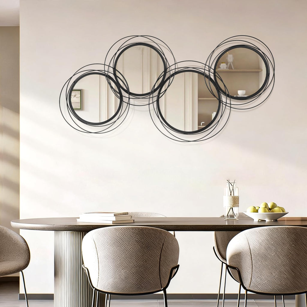 Black Wall Mirror Set, Metal Framed Round Mirror 4 Pack Circle Modern Decorative Mirrors Bedroom Bathroom Entryway