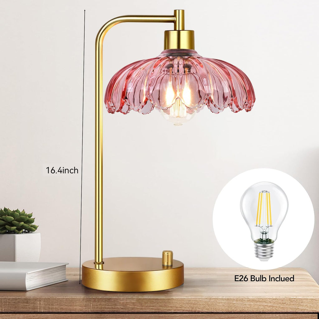 Pink Table Lamp Set of 2, Small Gold Bedside Lamps Dimmable Boho Bedroom Lamp with Tulip Flower Glass Lamp