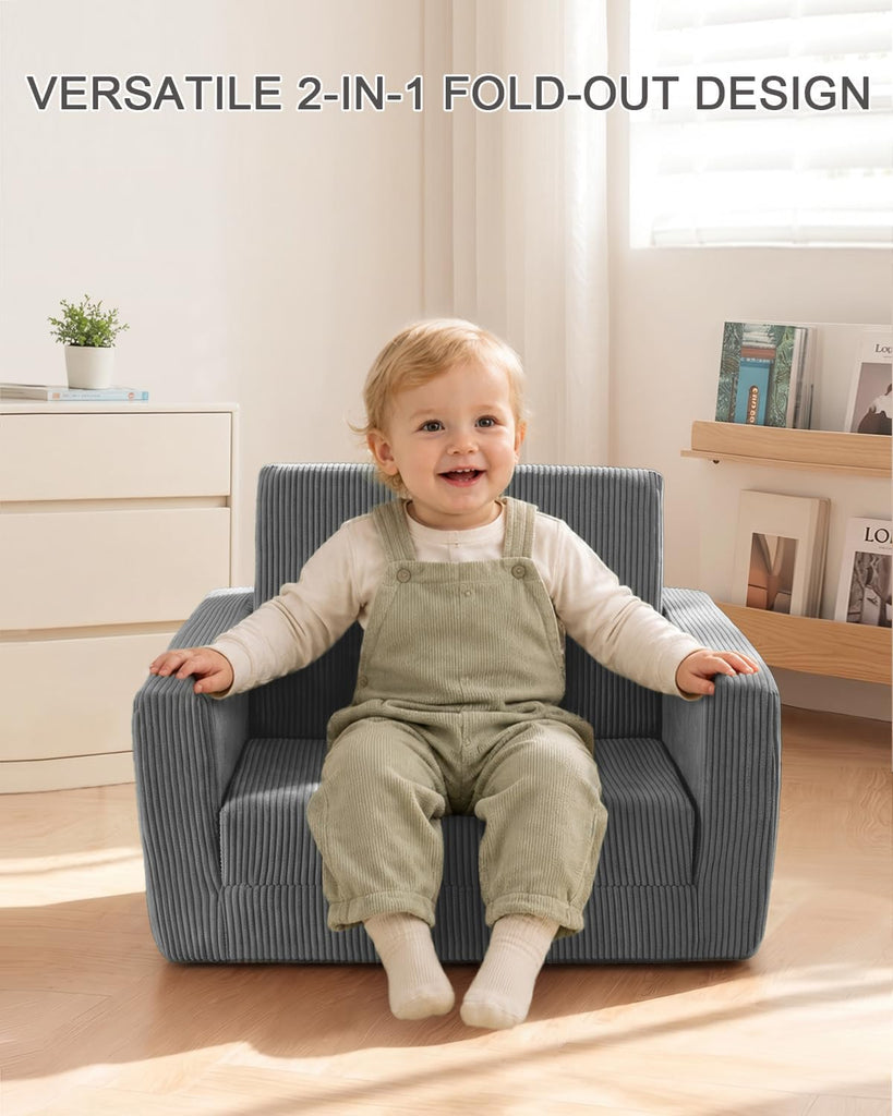 In-1 Kids Chair and Couch, Cozy Corduroy Kids Sofa, Grey