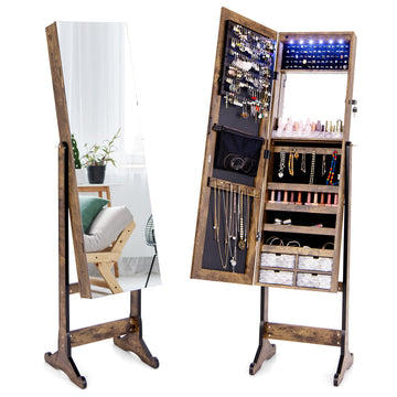 Jewelry Cabinet Freestanding, Lockable Jewelry Armoire Organizer with Full-length Frameless Mirror, Drawers, Inner