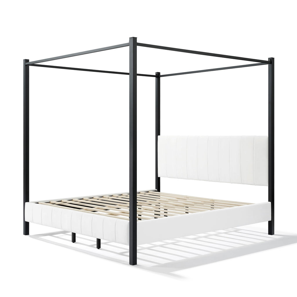 California King Size Upholstered Canopy Bed Frame, Modern Luxury Channel-Tufted Headboard and Footboard, Platform Bed