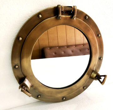 12" Antique Brown Finish Canal Boat Porthole-Window Ship Round Mirror Wall Home Decor
