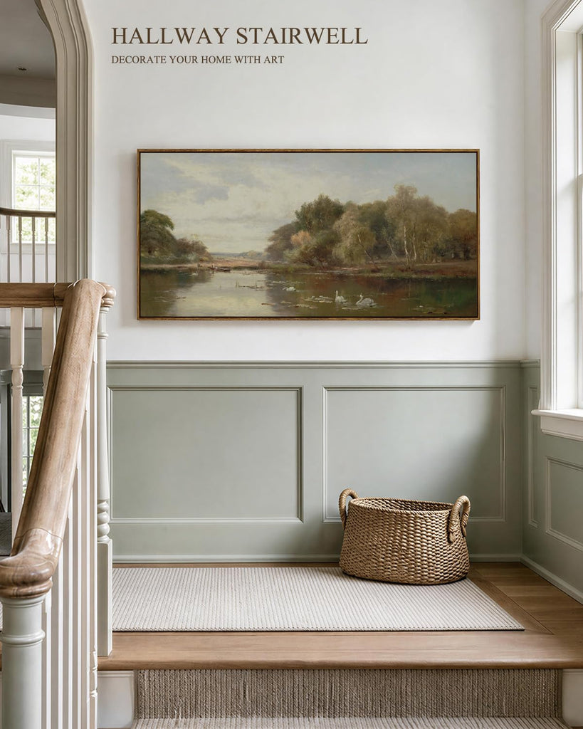 Extra Large Framed Vintage Wall Art, River Swans Prints, 24x48inch