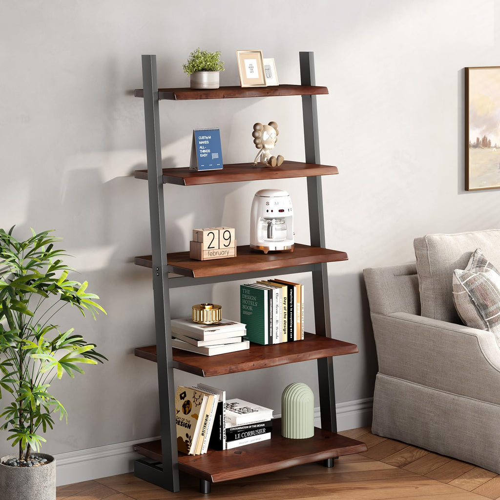 5-Tier Solid Wood Ladder Bookshelf with Natural Live Edge