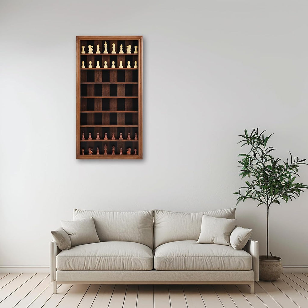 Giant Wall Mounted Chess Board Set, Wooden Wall Chess Board with 32 Carved Chess Pieces, Chess Wall Art Vertical - Set of 32