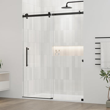 44-48.in W x 72.in H Frameless Shower Door, Water Repellent Black Shower Door with 1/4" (6mm) Clear Tempered Glass