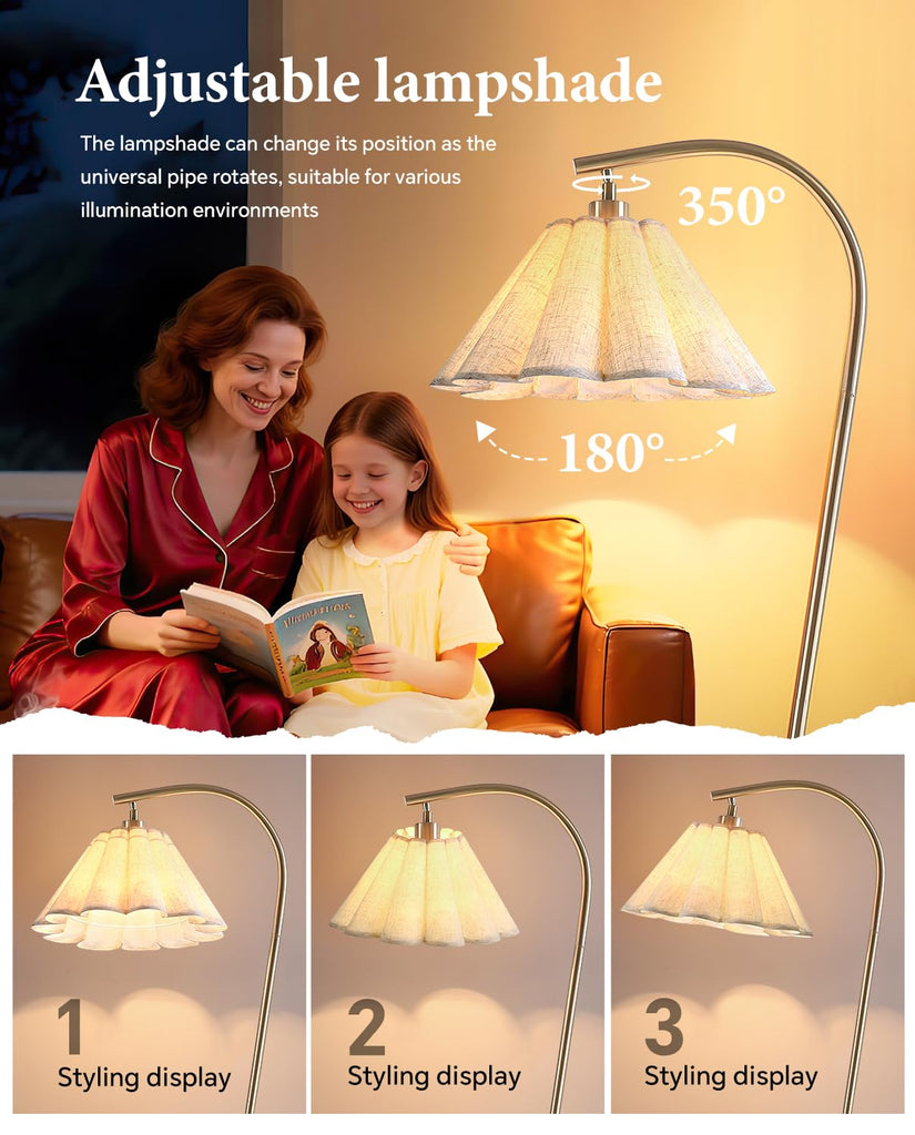 Floor Lamp with Pleated Linen Lampshade, Modern Flower Floor Lamp Arc Standing Lamp, Gold Tall Lamp Office Dining