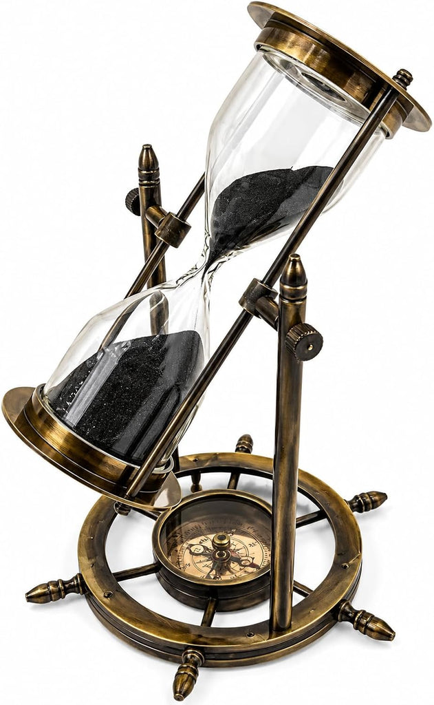 Vintage Adjustable Sand Timer Hourglass with Compass Base, Nautical Antique Style Gift for Birthday, Anniversary &