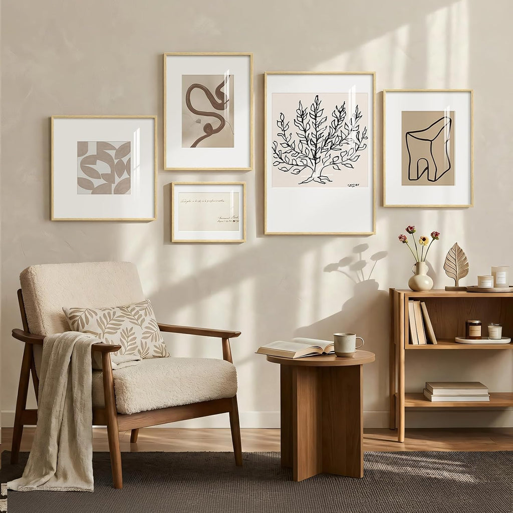 Framed Matisse Abstract Neutral Wall Art, 5 Piece Large Beige Canvas Prints Set, Modern Minimalist Geometric