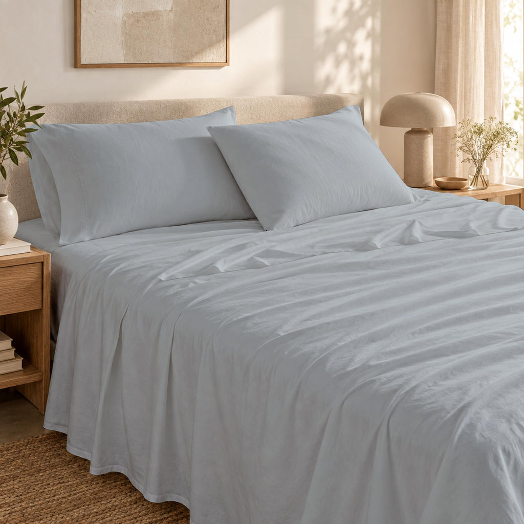 100% Organic Percale Cotton Twin Bed Sheets, Soft Silver