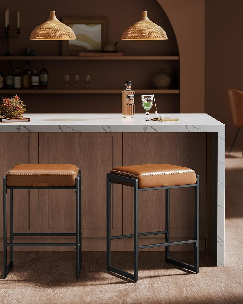 EKHO Collection - Bar Stools Set of 4, Counter Height Bar Stools, Synthetic Leather with Stitching, Mid-Century