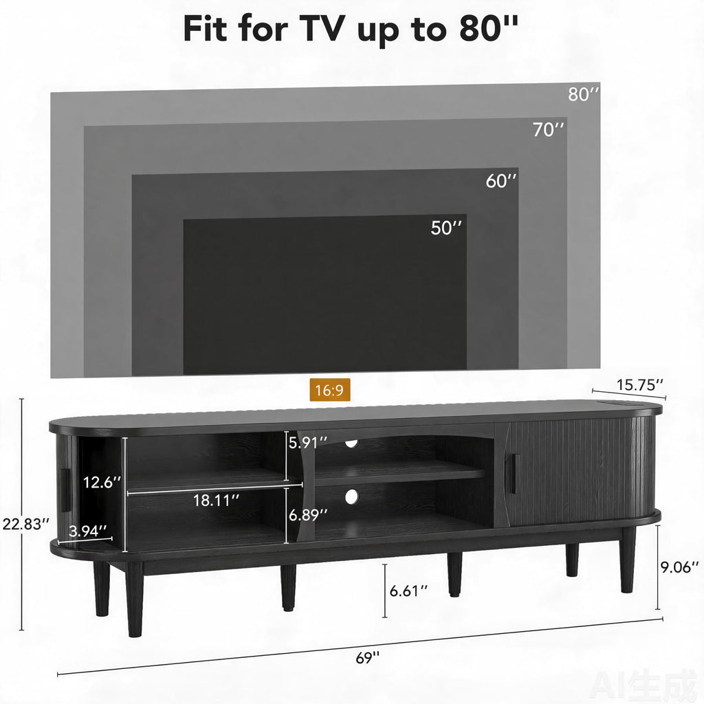 69" Fluted TV Stand for TVs Up to 80" with Charging Station, Black