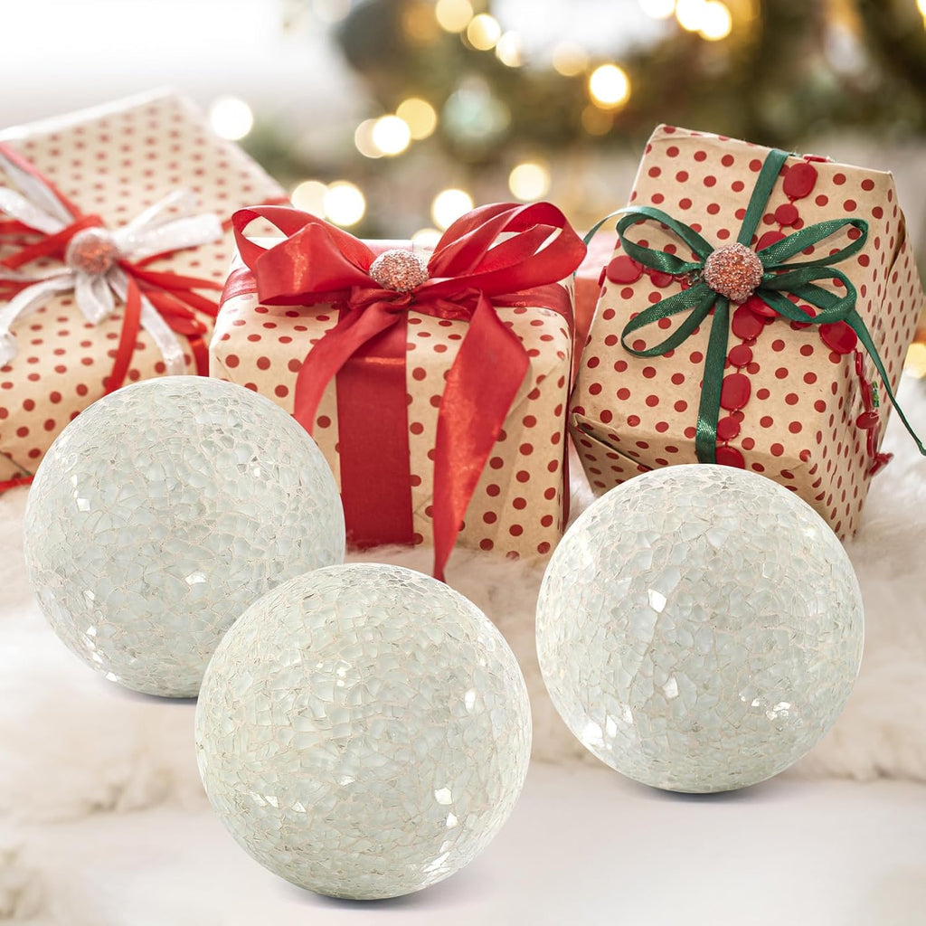 Mosaic Glass Orbs Decorative Balls 8.5cm/3.35inch Sphere Wedding Party Home Decor Table Centerpiece (White) - Set of 3