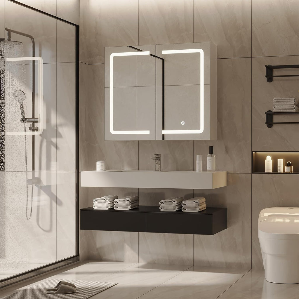 Bathroom Medicine Cabinet with Mirrors and Led Lights 27.6x23.62 inch Double Doors Wall Mounted Mirror Cabinet with