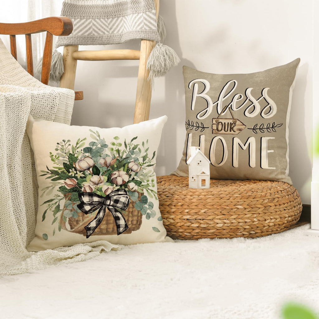 Bless Our Home Farmhouse Eucalyptus Leaves Throw Pillow Covers, 18 x 18 Inch Truck Home Sweet Home Cushion Case